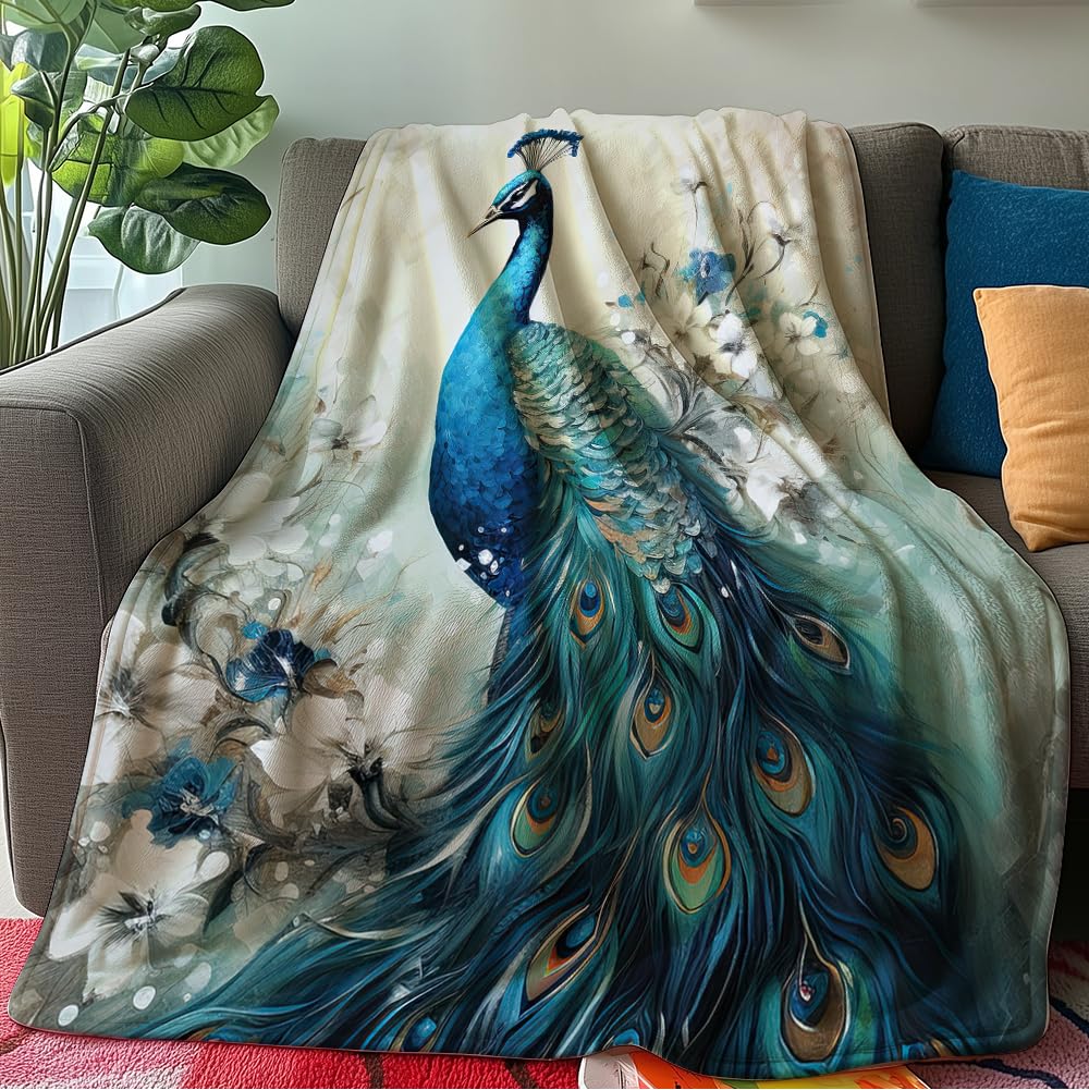 HUNXIAOJ Peacock Throw Blanket Peacock Themed Decor Animal Print Blanket King Size Soft Warm Flannel for Sofa Bed (60 in x 80 in)