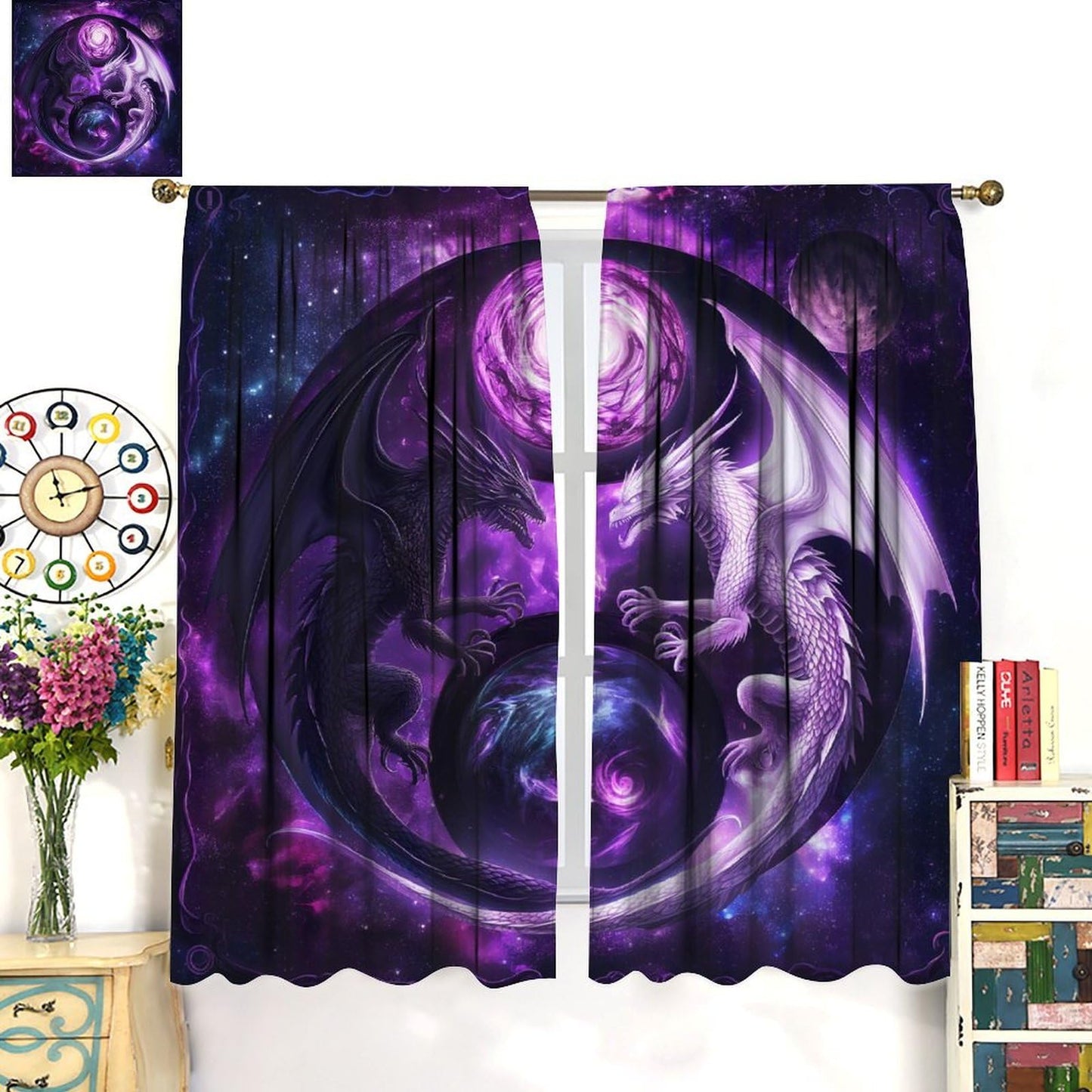 wlsgdsg Dragon Curtains for Boys,Mystery Fantasy Stars 3D Purple Yin Yang Black White Sky Wings Flying Dragon Window Drape Print for Kids Bedroom Living Room 42x45in (No Blackout)