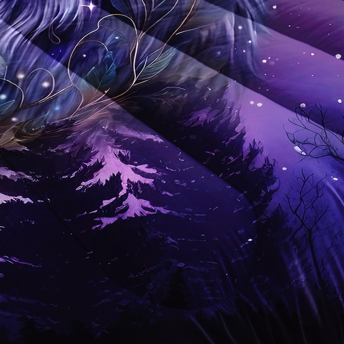 AILONEN Wolf Comforter Set Queen Size - 3Pcs Purple Starry Night Galaxy Bedding for Boys Men, Wild Animals Print Duvet with 2 Pillowcases