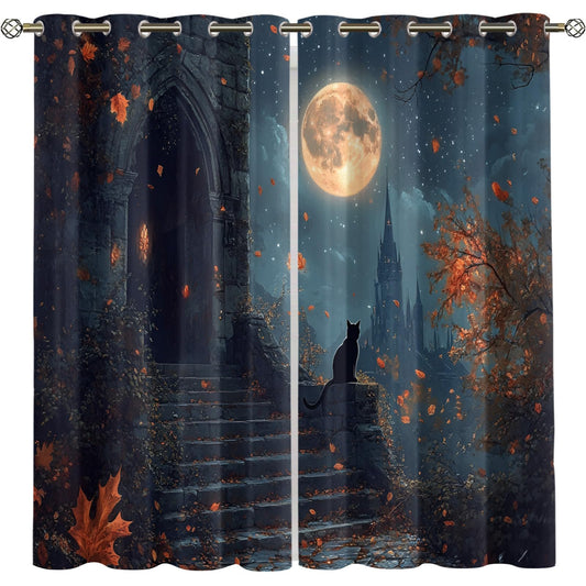 MPUTIE Black Cat Curtains 72 inch Long, Magical Castle Window Curtains for Bedroom, Grommet Room Darkening Drapes for Kitchen, Full Moon Drapes, Cat Room Decor, 2 Panels