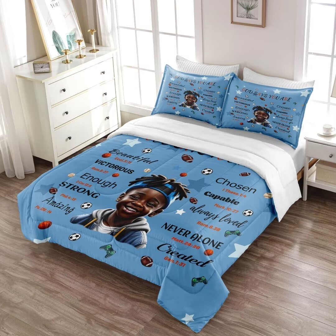 GRAT TIOC Black Comforter Set for Kids Teens Twin, Cute African American Boy Bedding, Afro Melanin God Says I Am Christian Bedroom Set 3 Pcs With 2 Pillowcases