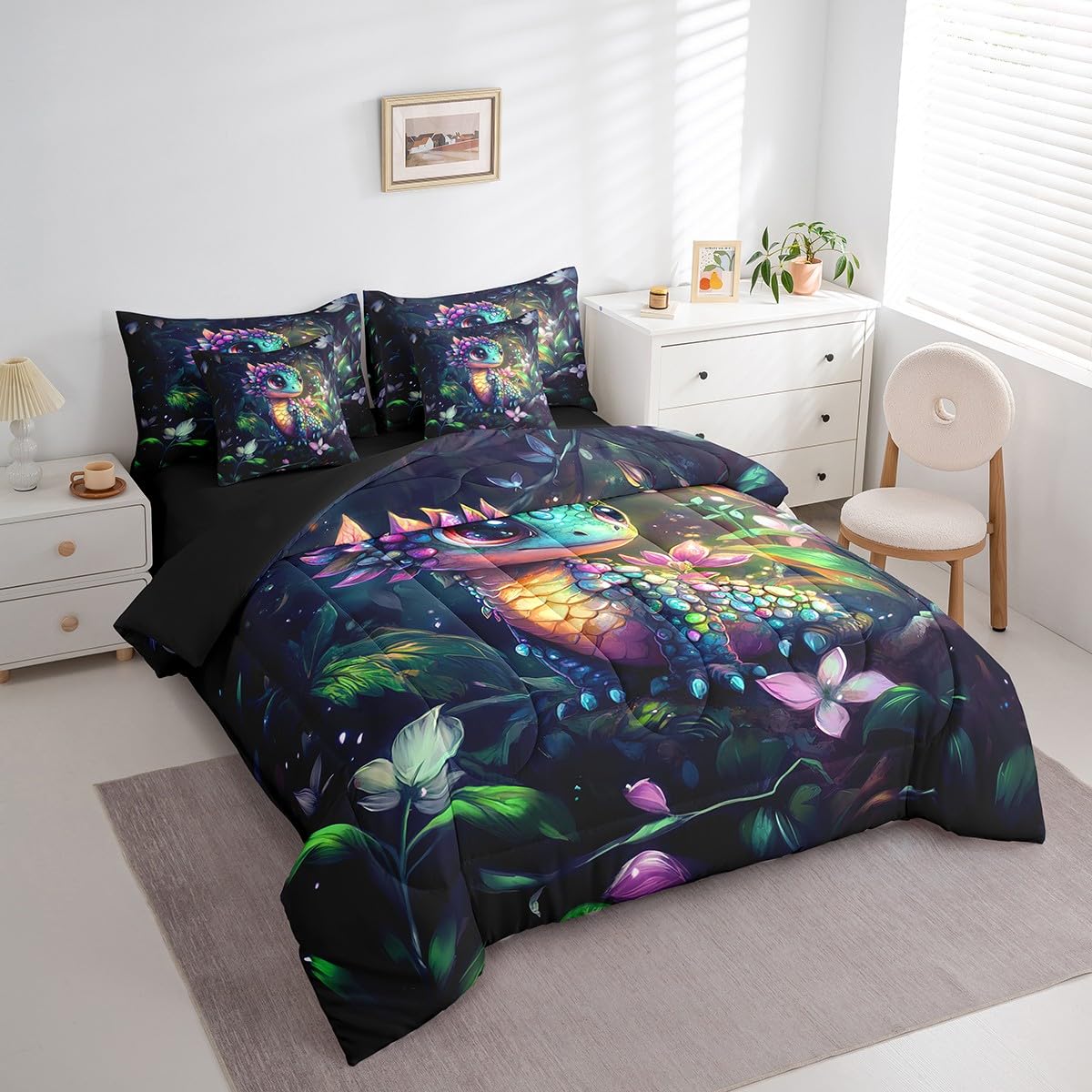 Feelyou Dragon Comforter Set with Sheets Twin Size Dragon Stuff Bed in a Bag for Boys Girls Teens Wild Life 7 Pieces Bedding Set Flower and Grass Bed Set Room Decor Balck Green