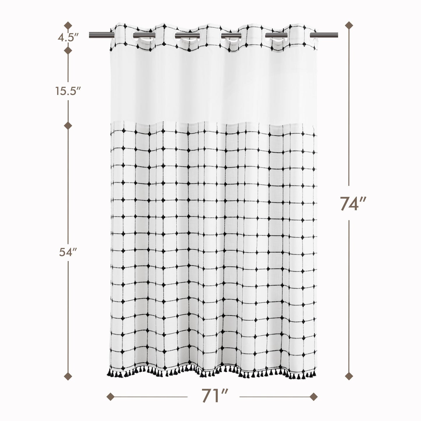 ROSERY No Hook Shower Curtain with Snap in Fabric Liner Set, Boho Farmhouse Black and White Woven Jacquard Grid Shower Curtain for Bathroom with Tassel, Checkered Pattern, 71" W x 74" L