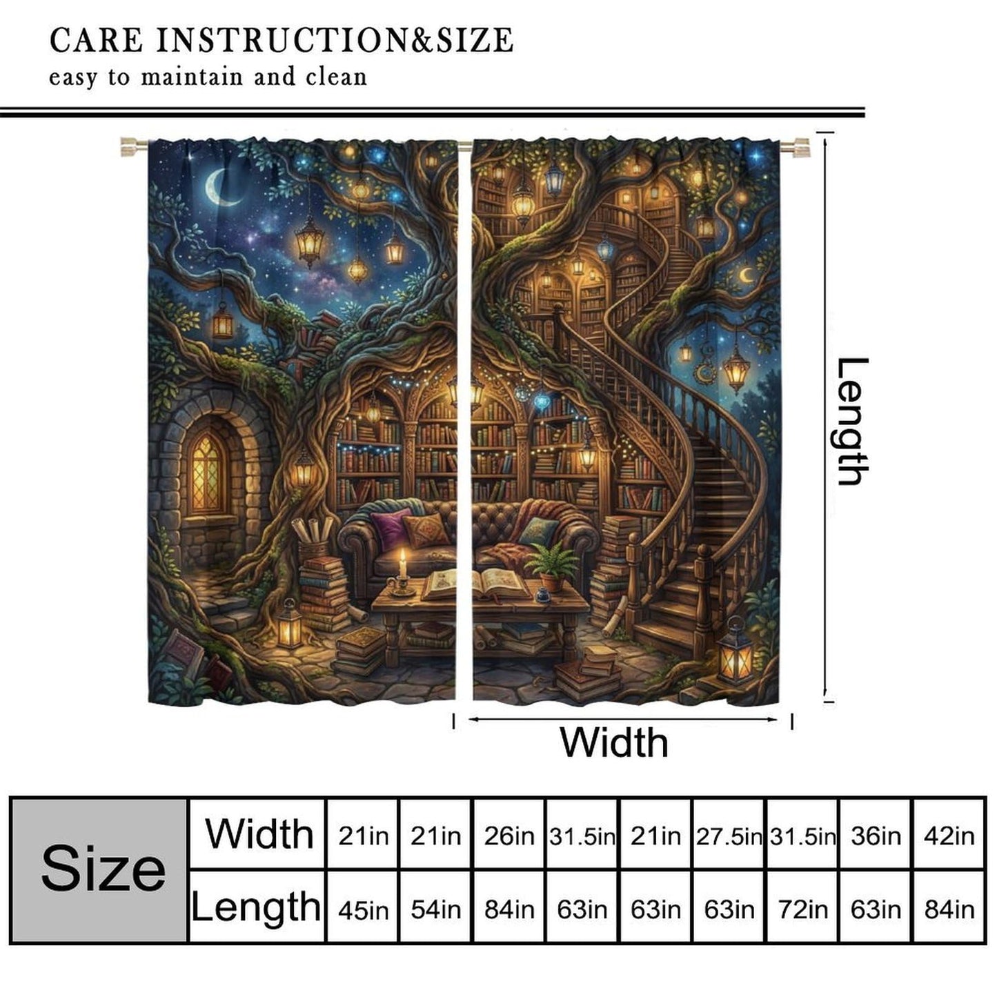 PHTAYOT Fantasy Magical Library Short Curtains,Tree of Life & Magic Bookshelf Decor Window Drapes for Small Windows,2 Panels,42x45 Inch
