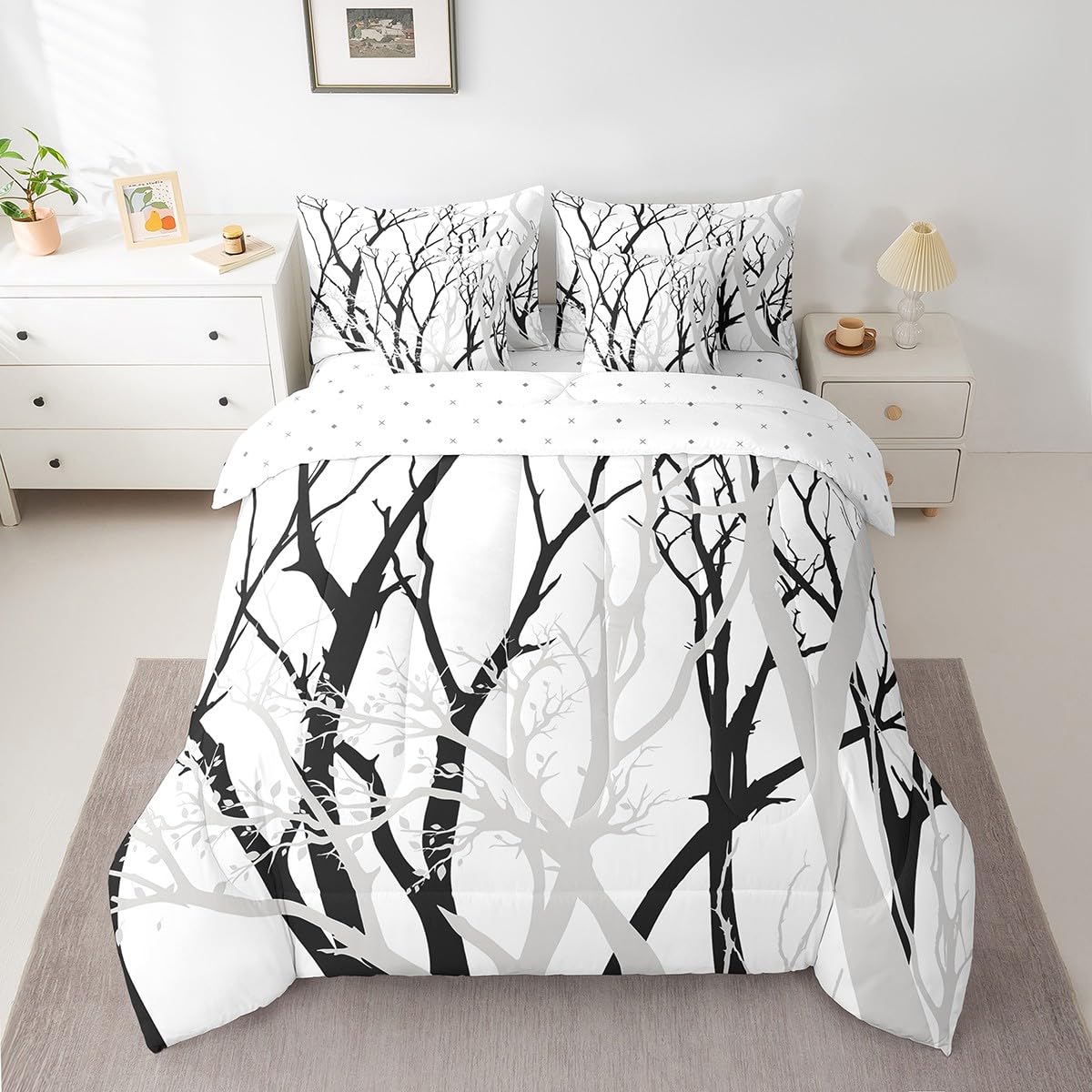Erosebridal Tree Branch 7 Pcs Comforter Set Queen Size Abstract Ink Bedding Abstract Plant Art Work Botanical Bed in A Bag for Kids Boys Girls Modern Geometric Simple Black Grey Bed Set