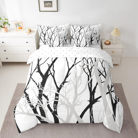 Erosebridal Tree Branch 7 Pcs Comforter Set Queen Size Abstract Ink Bedding Abstract Plant Art Work Botanical Bed in A Bag for Kids Boys Girls Modern Geometric Simple Black Grey Bed Set