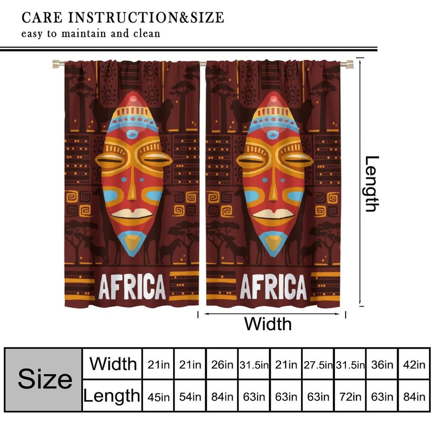 African Curtains for Kitchen Boho Retro Rural Tropical African Continent Primitive People Indigenous Cultural Totem Print Windows Treatments for Boys Girls Bedroom Living Room 42x44.5In（No Blackout）