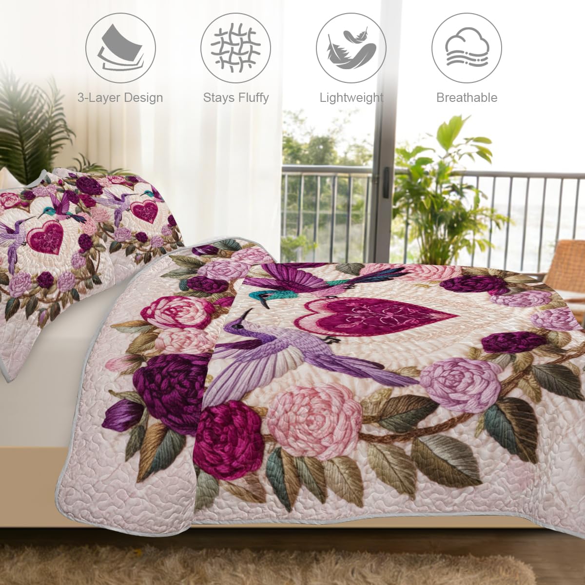 ARIGHTEX Flower Bird Quilt Set Queen Size Love Theme Hummingbird Floral Bedding Set Lightweight Botanical Quilt Coverlet Soft Microfiber Bedspread Gift Bedding Set with Shams