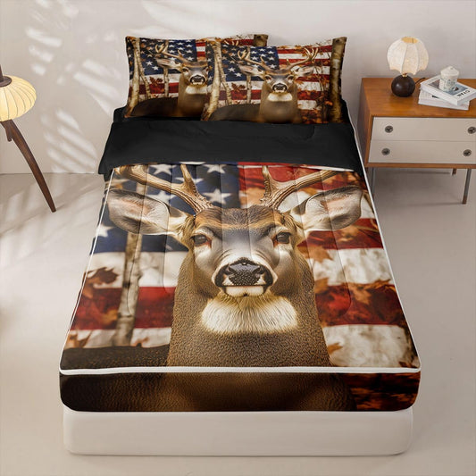 Feelyou American Flag Comforter Set Twin Size Zipper Bedding Set for Girls Boys Cute Deer Comforter with Fitted Sheet, Pillowcases Deer Hunting Zipper Bedding Soft Breathable Bed in a Bag
