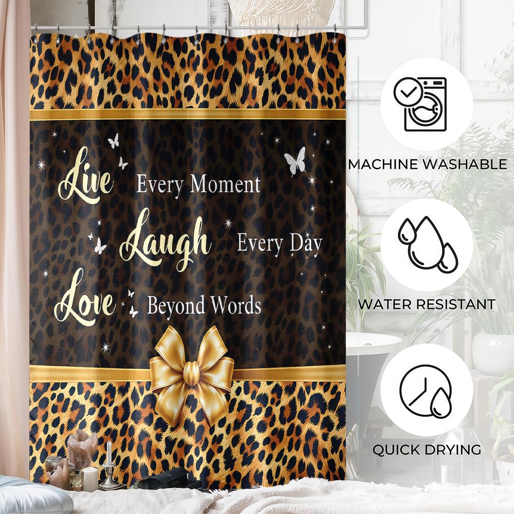 Waitaikong 4Pcs Live Laugh Love Leopard Print Shower Curtain Set, Glam Animal Print with Gold Bow Motivational Quote Bathroom Decor, Waterproof Fabric Bath Set with 12 Stainless Steel Hooks, 72x72