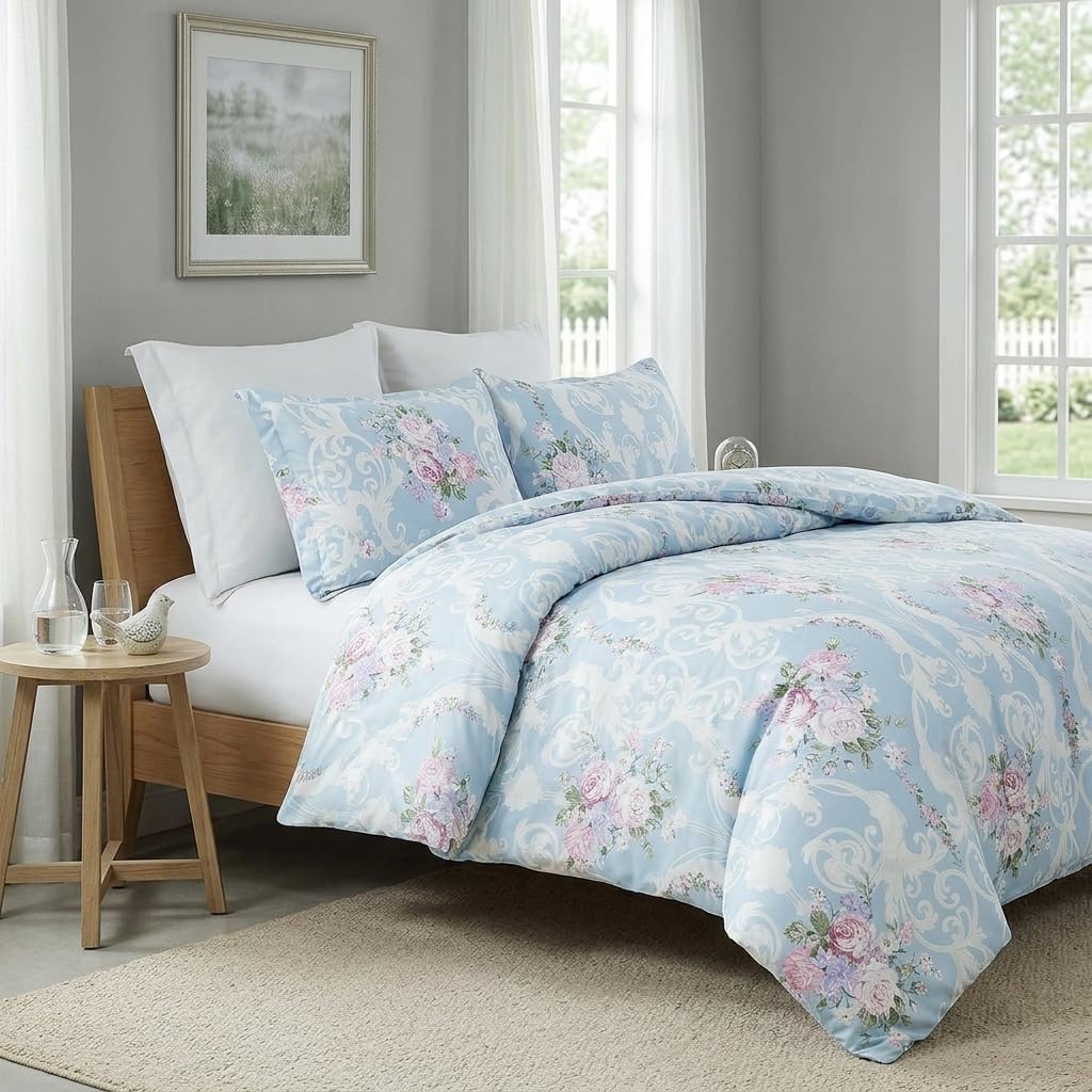 Cozaline Floral Duvet Cover Set King Size 100% Nature Cotton Blue Comforter Cover with Pink Floral, 3 Pieces Breathable & Soft Aesthetic Bedding Set with Zipper Closure