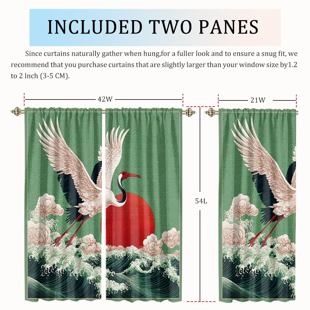 XSUPFLYM Retro Japanese Animal Crane Blackout Curtain for Living Room Modern Art Wildlife Crane Red Sun Nautical Ocean Waves Thermal Insulated Curtain for Bedroom 2 Panels Each 21" W x 54" L