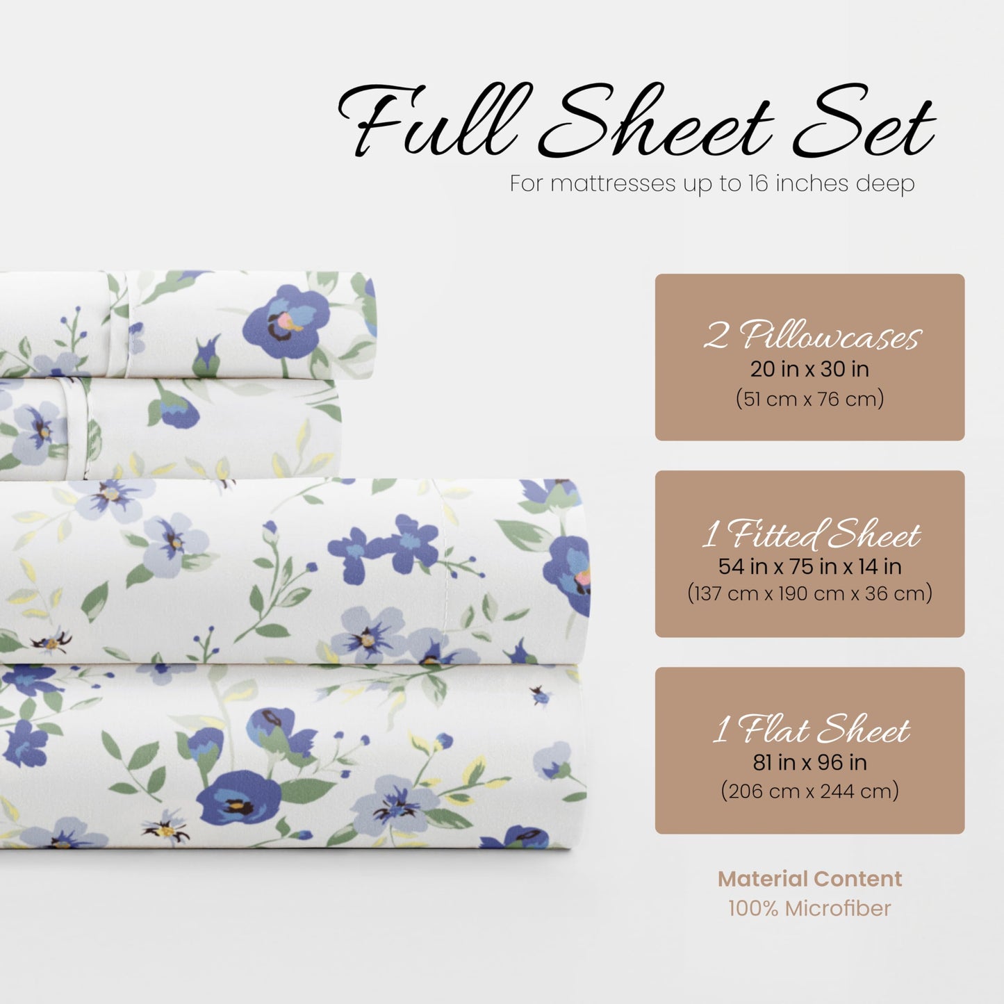Linen Market Patterned Microfiber Full Sheet Set 4 Piece – Oeko-TEX Certified Ultra Soft & Wrinkle-Free - 16" Deep Pocket Sheets - Easy Care Full Size - Blossoms Light Blue