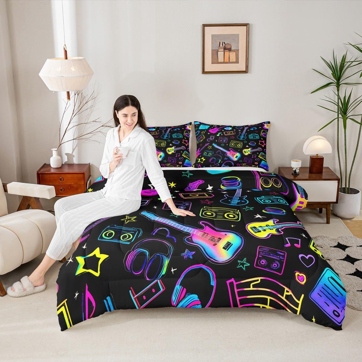 Erosebridal Music Theme Kids Comforter Sets Guitar Headphone Radio Queen Bedding Set for Boys Girls Rock Musical Instruments Comforter Set,Music Lovers Quilt Duvet 3 Pcs