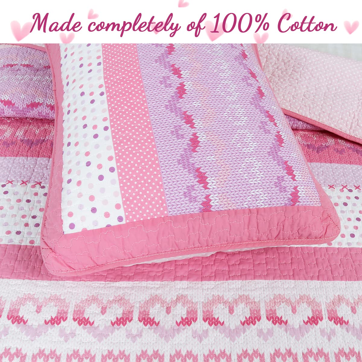 Cozy Line Home Fashions Cute Pink Butterfly Stripe Hearts 100% Cotton Soft Bedding Quilt Set, Coverlet, Bedspread (Queen - 3 Piece)
