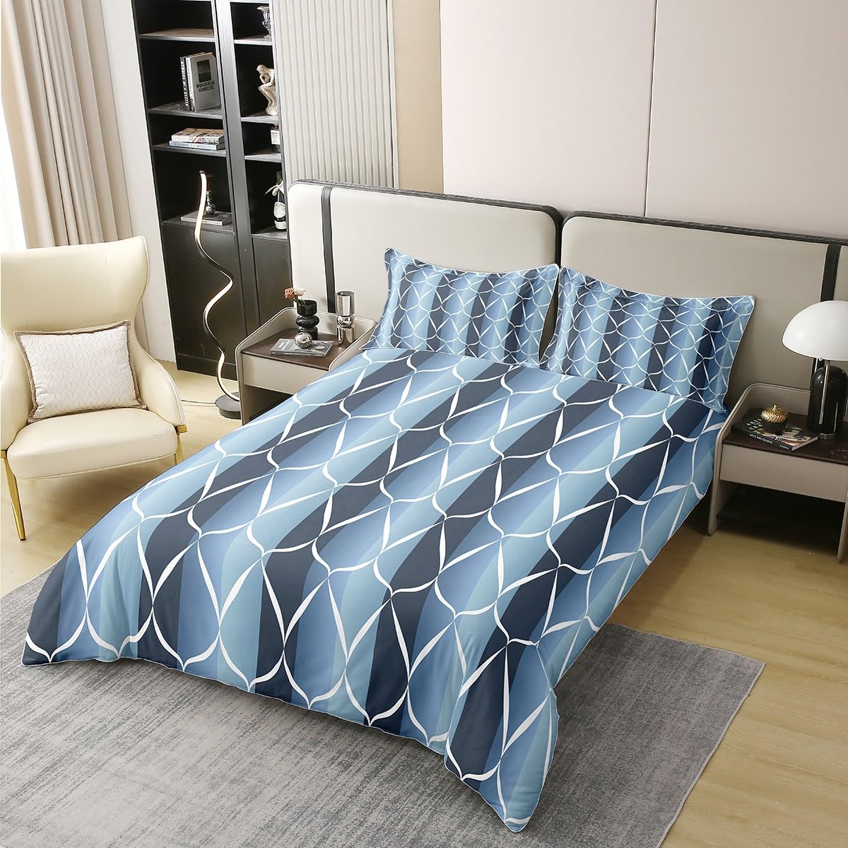Erosebridal 100% Cotton Aegean Blue Abstarct Duvet Cover Queen for Adult Women Men Geometric Striped Comforter Cover for Minimalists Aesthetic Lines Bedding Set Contemporary Boho Modern Art Bed Set