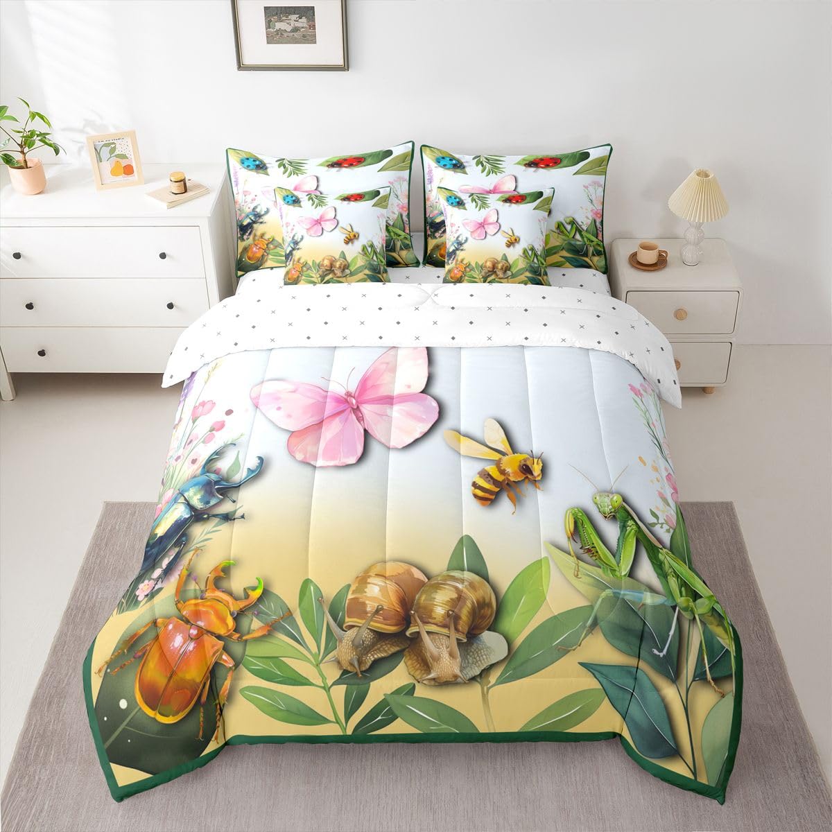 Erosebridal Butterfly 7 Piece Bedding Set Queen Ladybug Comforter Set with Sheets Bee Longhorn Beetle Snail Mantis Print Bed in a Bag Insect Theme Flowers Leaves for Kids Boys Girls