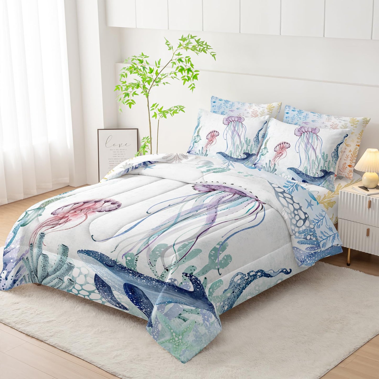 AILONEN Blue Jellyfish Kids Comforter Set Twin Size,7-Piece Soft Bed in a Bag, Teal Blue Ocean Beach Coastal Comforter & Fitted Sheet & Flat Sheet & 2 Pillowcases,2 Pillow Shams