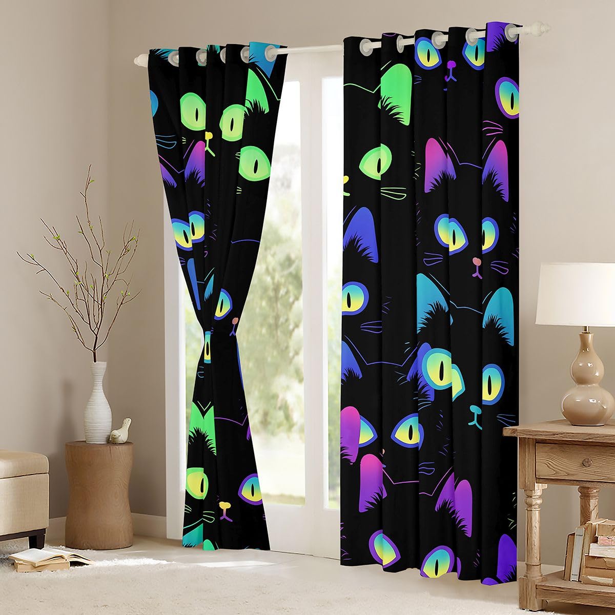 Feelyou Cartoon Cat Curtain for Bedroom Children Pet Cats Darkening Window Dreapes Cute Kitten Neon Light Blackout Curtains() Decor 3D Animal Cat Lover's Window Treatments (2 Panels, 52 x 84 Inch)