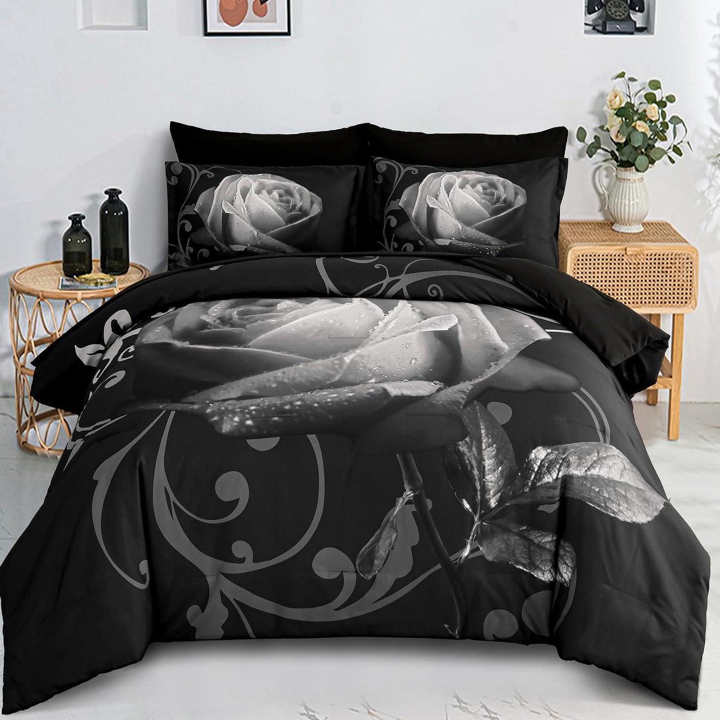 Xruibed Floral Comforter King Black Bed in a Bag Rose 7PCs Comforter Set Soft Micorfiber Bedding Set (1 Comforter,2 Pillow Shams,1 Flat Sheet,1 Fitted Sheet,2 Pillowcases)
