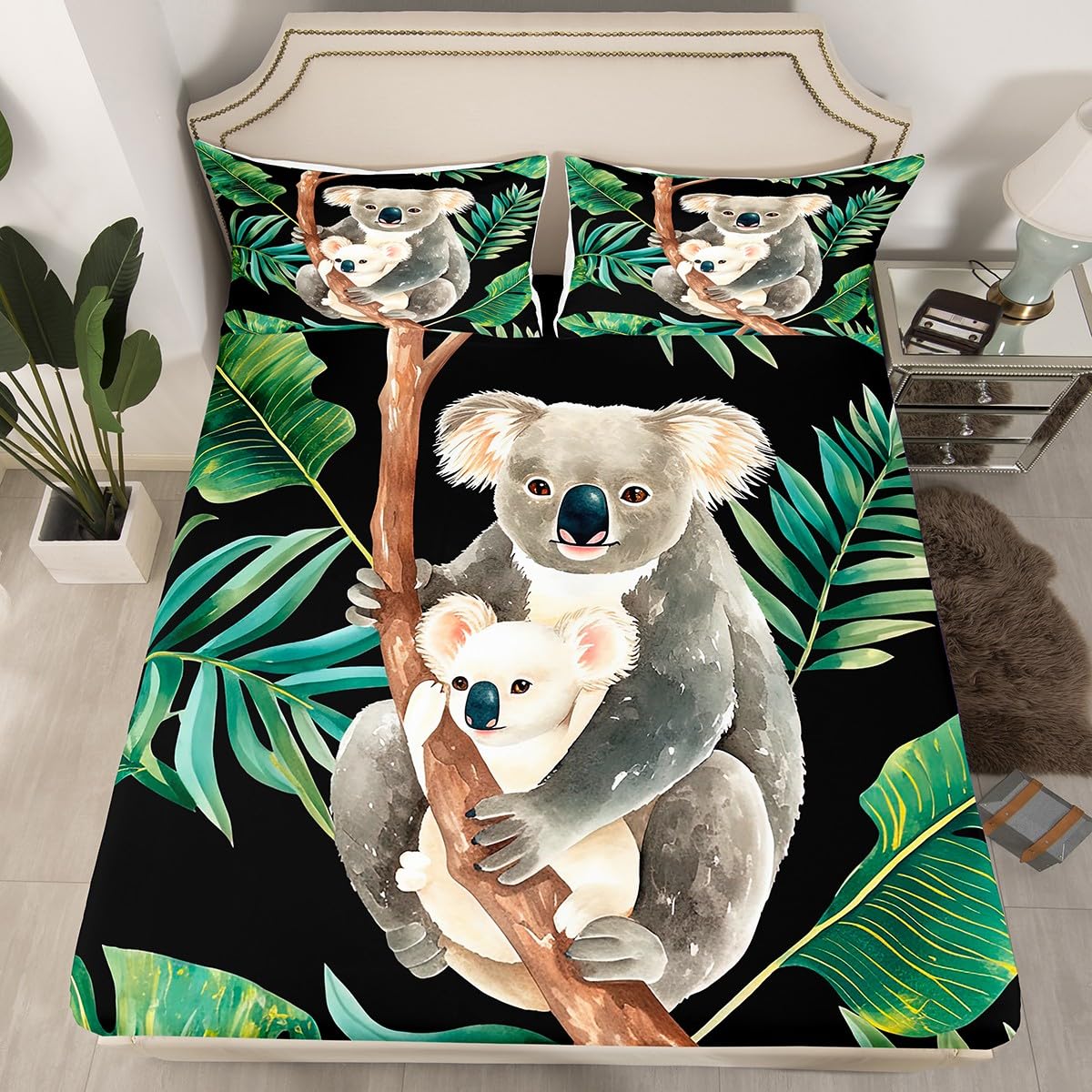 Erosebridal Koala Bedding Set, Cartoon Cute Koala Bed Sheet Twin Size for Kids Boys Girls, Animal Fitted Sheet, Tropical Palm Leaf Bedspread Cover Bedroom Living Room Decor