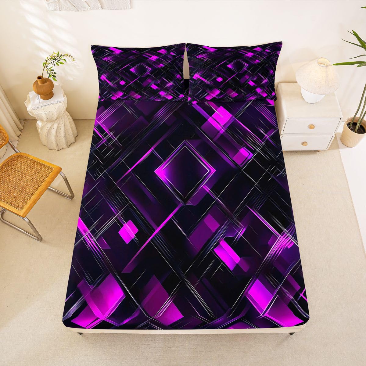 Feelyou Black Pink Bed Sheets Set Queen Size Geometric Checkered Bed Set for Kids Boys Girls Abstract Stereoscopic Grids Deep Pocket Fitted Sheet Breathable Soft Lightweight Microfiber