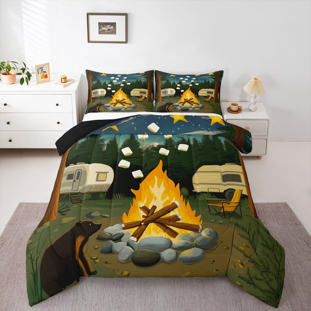 Erosebridal Rv Camper Bedding Sets King,Happy Camping Comforter Set for Kids Adults Wild Campfire Duvet Insert Rustic Starry Night Quilt