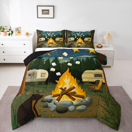 Erosebridal Rv Camper Bedding Sets King,Happy Camping Comforter Set for Kids Adults Wild Campfire Duvet Insert Rustic Starry Night Quilt