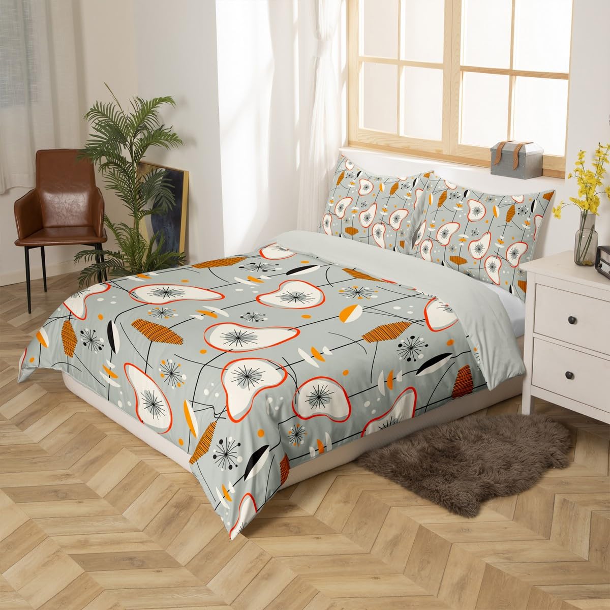 Erosebridal Grey Old Fashion Comforter Cover Abstract Atomic Bed Set, Brown Red White Aestheitc Duvet Cover King Size Boho Mid Century Bedding Sets, Minimalism Lines Bedspread Cover 3 Pieces