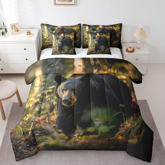Erosebridal Black Bear Bedding Sets 7 Piece Twin 3D Wildlife Print Comforter Set for Teens Adults Farmhouse Woodland Bear Quilt with Flat Fitted Sheet Nature Jungle Animal Bed in A Bag,Black