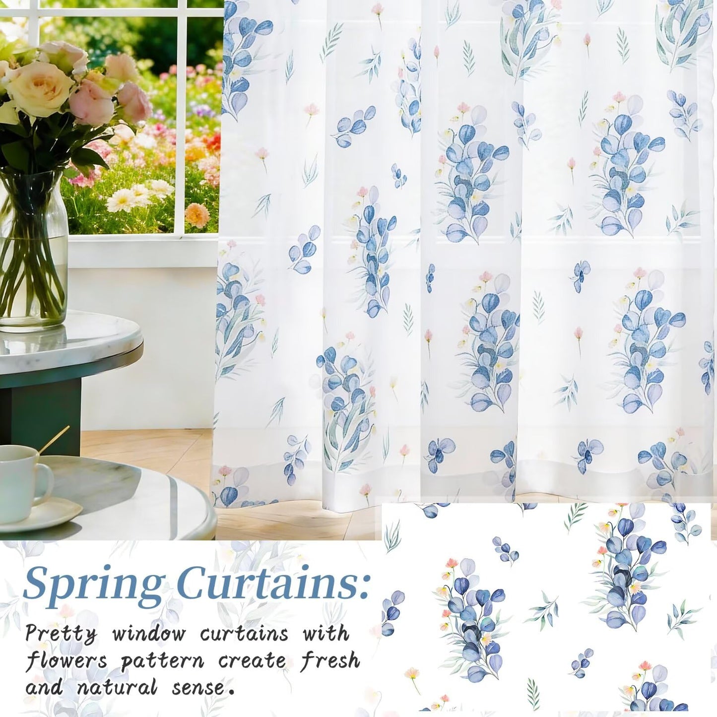 youleyar Floral Sheer Curtains for Living Room 84 Inches Long 2 Panels White Semi-Sheer Curtain with Blue Floral Printed Pattern Summer/Spring Rod Pocket Voile Drapes for Bedroom, 52" W x 84" L