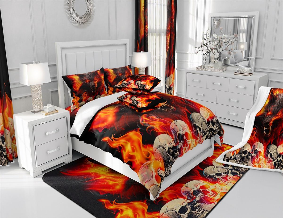 Manfei Fire Wolf Fitted Sheet Twin Size, Orange Flame Gothic Skull Bed Cover with 1 Pillowcase, Wild Animal Theme Bedding Set 2pcs for Kids Boys Teens Adults, Soft Polyester Bedding