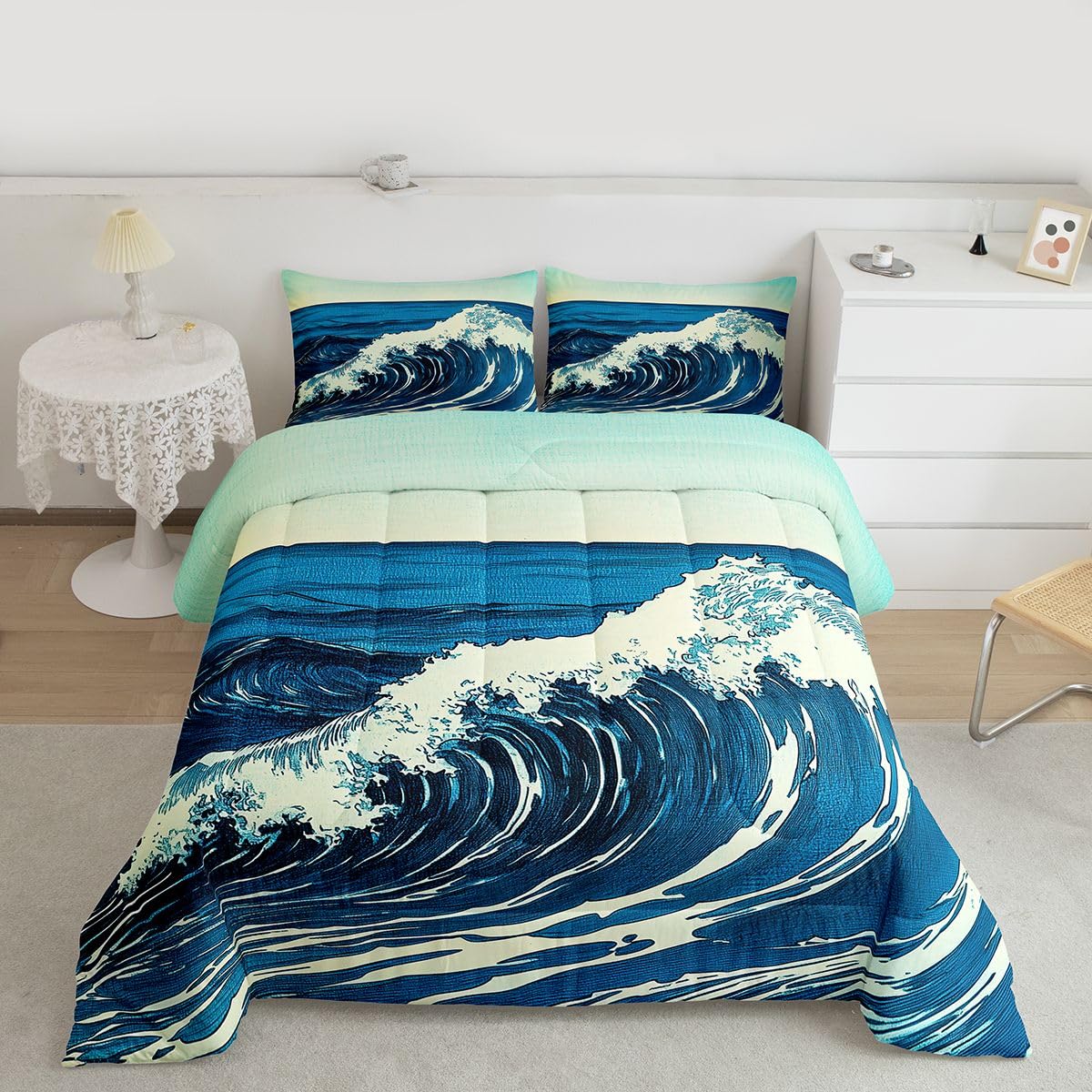 jejeloiu Wave Pattern Kids Comforter Set Queen Size Japanese Style Bedding Set Ocean Wave Duvet Quilt for Kids Boys Girls Bedroom Decor Microfiber Ultra Soft Breathable
