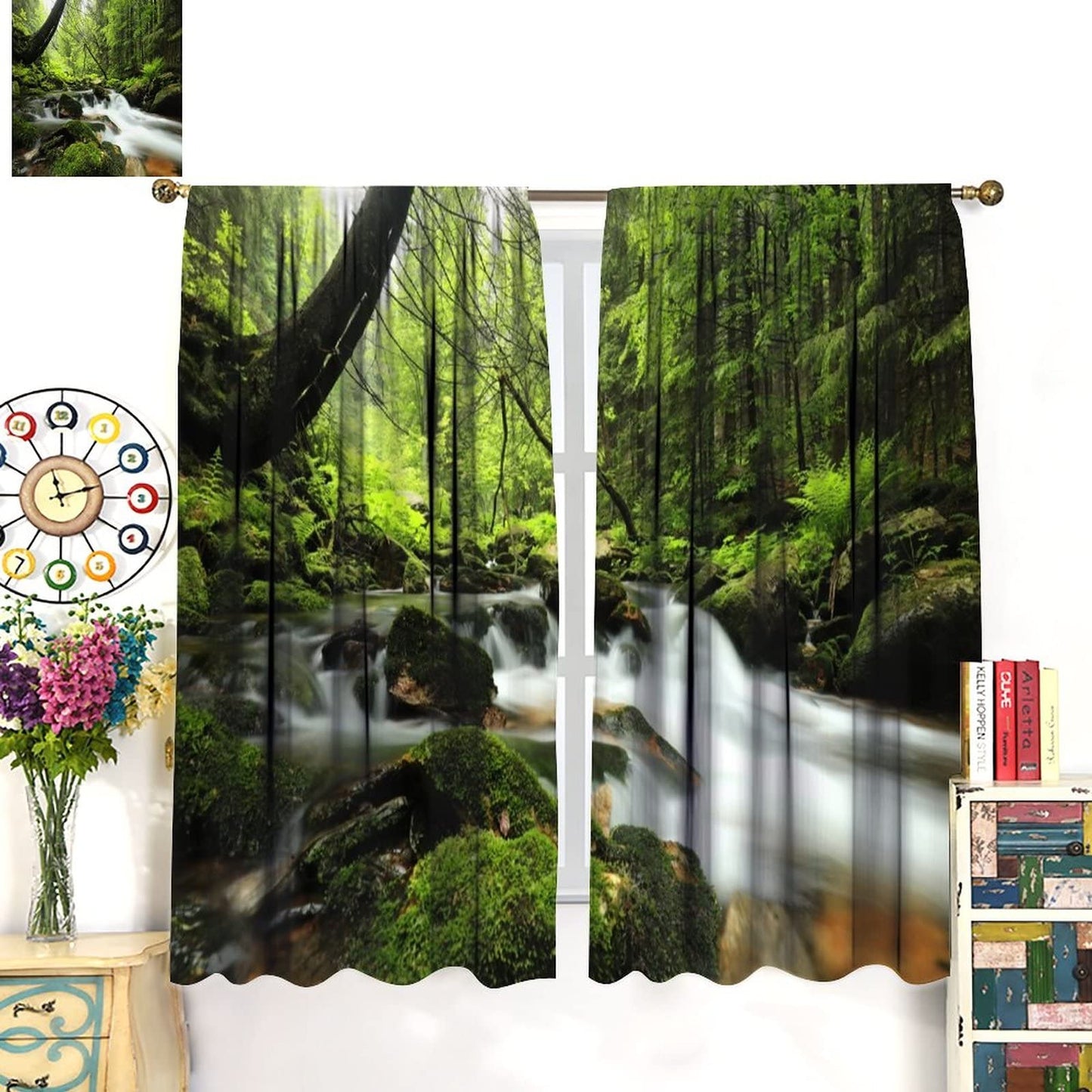 Forest Waterfall Curtains, Spring Nature Landscape Theme in Tropical Forest, Blackout Decorative Curtains for Bedroom Living Room, 2 Panel Set, 42X45 Inch