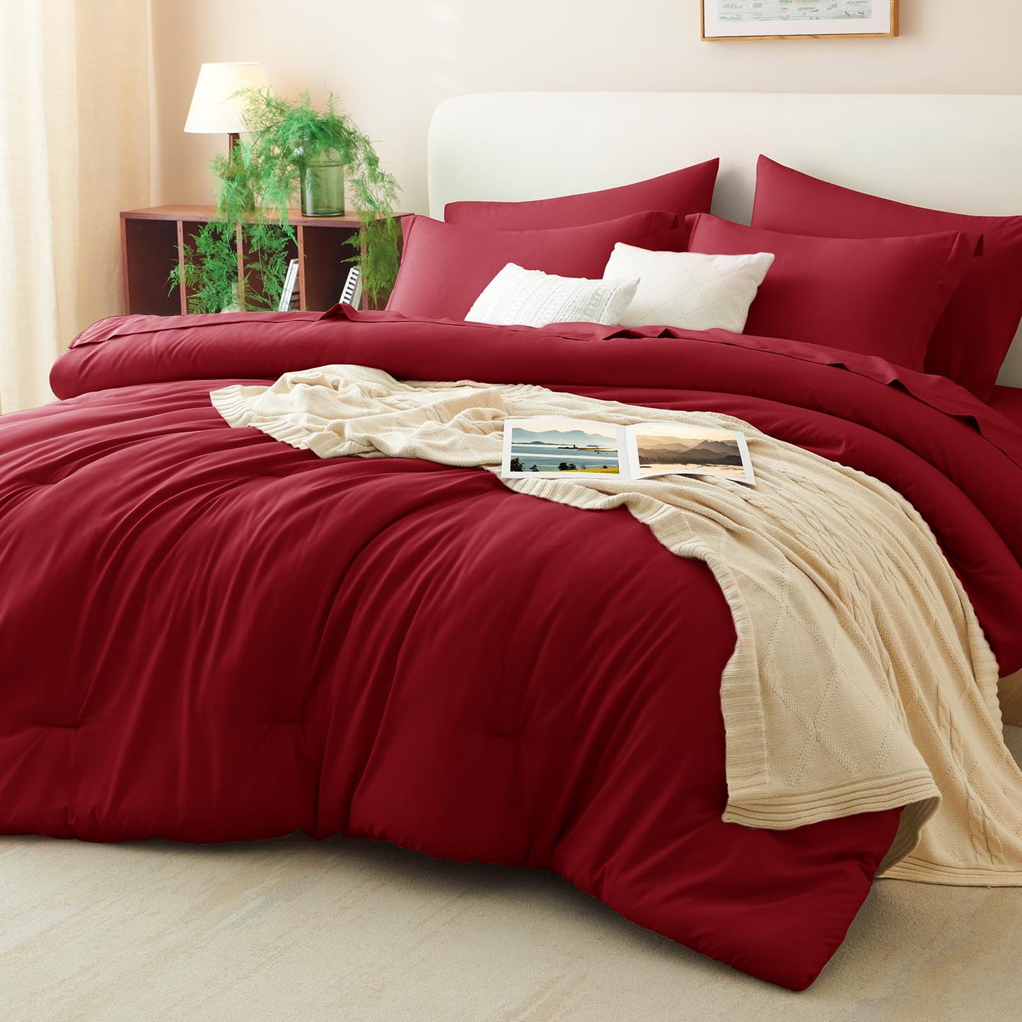 CozyLux Queen Comforter Set Dark Red, 7 Pieces Bed in a Bag Queen Comforter Set with Sheets, Luxury Soft Bedding Sets with Down Alternative Comforter, Fitted Sheet, Flat Sheet, Pillowcases & Shams