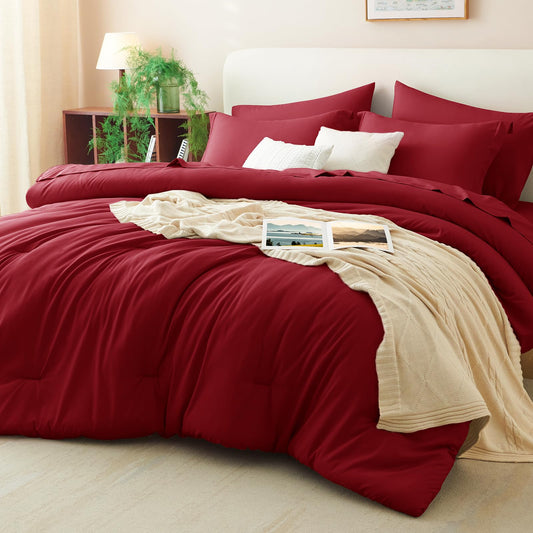CozyLux Queen Comforter Set Dark Red, 7 Pieces Bed in a Bag Queen Comforter Set with Sheets, Luxury Soft Bedding Sets with Down Alternative Comforter, Fitted Sheet, Flat Sheet, Pillowcases & Shams