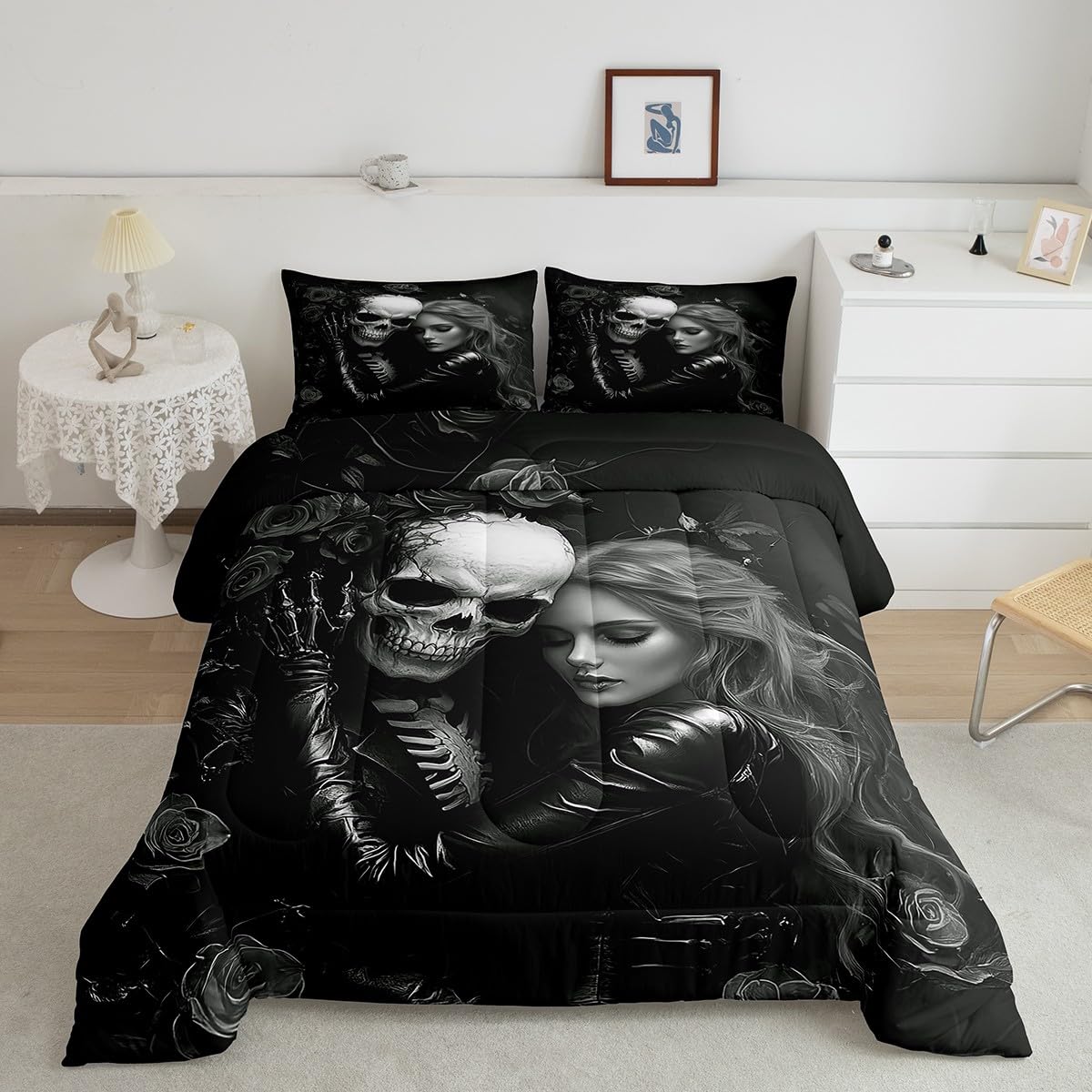 Erosebridal 7Pcs Black Valentines Day King Comforter Set,3D Girl Sugar Kiss Skull Bedding Sets,Gothic Rose Floral Bed in A Bag,Skull and Love Quilt with Flat Fitted Sheet Valentine's Day Gift Decor