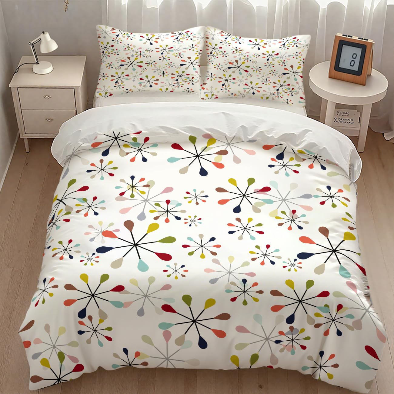 Lnepty Mid Century Bedding Set,Modern Geometric Atomic Abstract Iconic Pattern 1950s 1960s Retro Style Comforter Set with Pillowcase for Bedroom Bed Decor，Twin 86"x70"