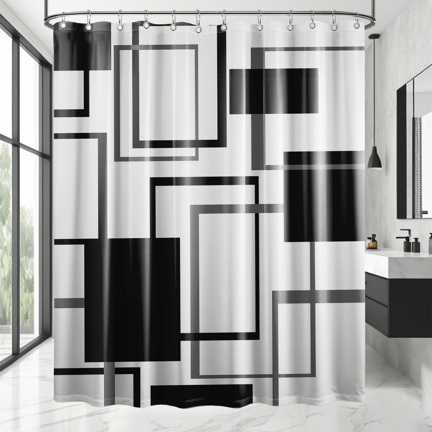 Yieldeer Black and White Geometric Shower Curtain, 70 x 72 Inch