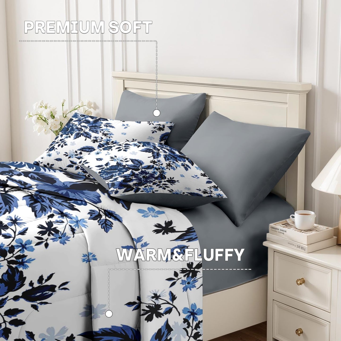 Nesker Comforter Set Full Size, Spring Floral Navy Blue 7 Pcs Bedding for Kids and Adults, Flower Modern Classic Bed Sheet Sets with Fitted Sheet 2 Pillowcases & 2 Shams