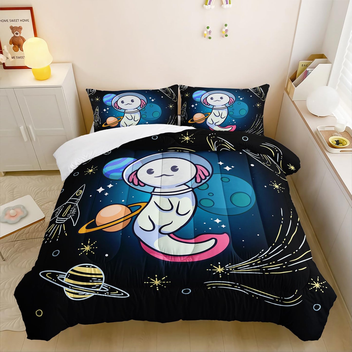 HOSIMA Axolotl Bedding Set for Kids Bedroom Decor,Space Cartoon Axolotl Pattern Kawaii Bedding Set,Wildlife Animals Reptile Toddler Comforter,Twin Comforter Set with 2 Pillowcase.