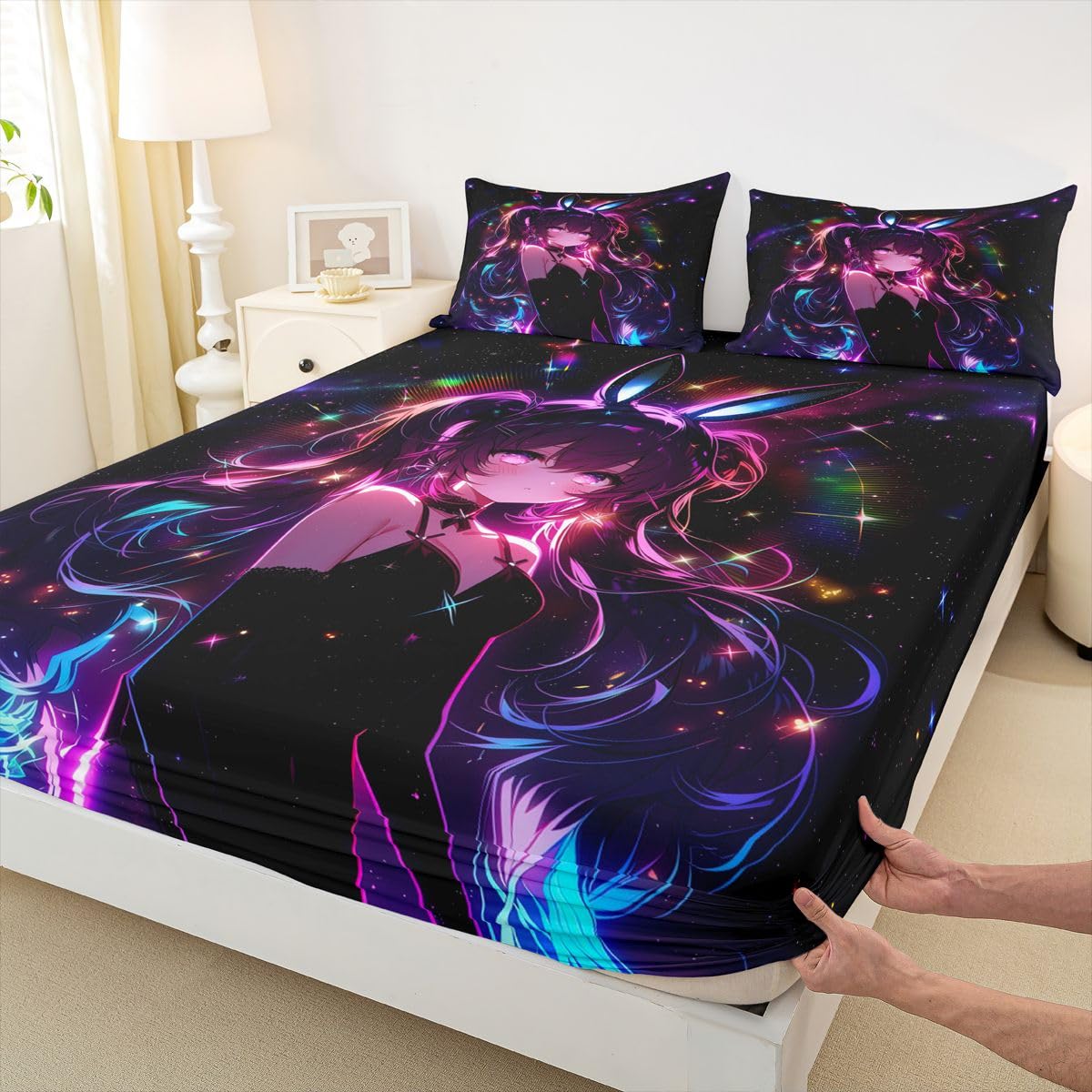 Erosebridal Cute Bunny Girls Twin Bed Sheets Japanese Anime Girl Fitted Sheet,Cartoon 3D Kids Bedding Sets Magical Neon Stars Sheets with 1 Pillowcase