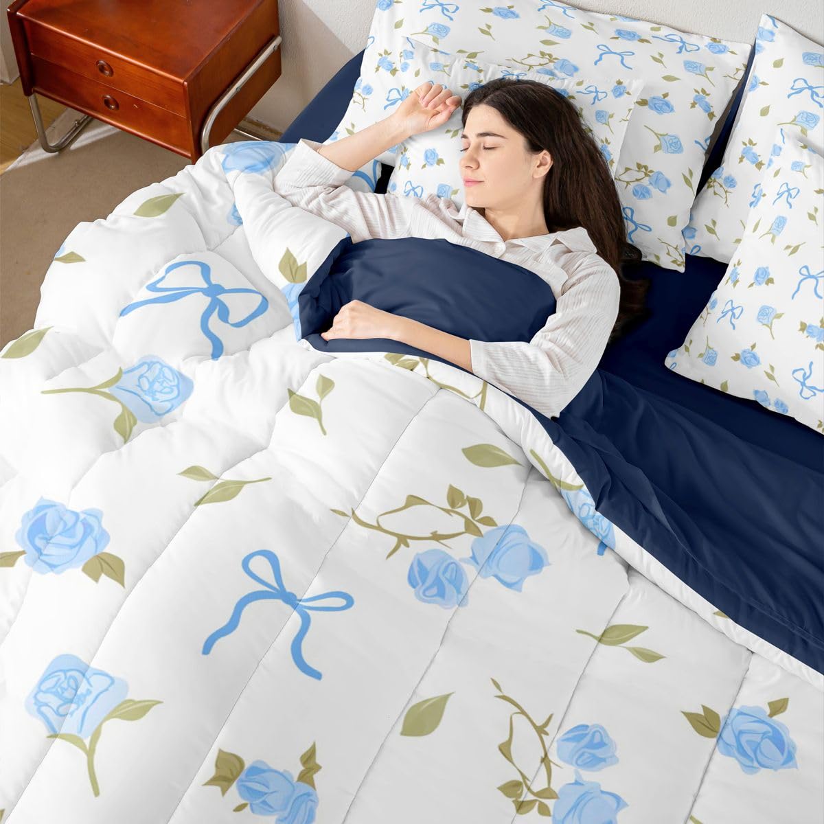 Erosebridal Blue Bow Comforter Set Bow Tie Rose Floral Bed in A Bag Full Size 7 Pieces Girly Bed Set Room Decor Dreamy Kawaii Bedding with Sheets