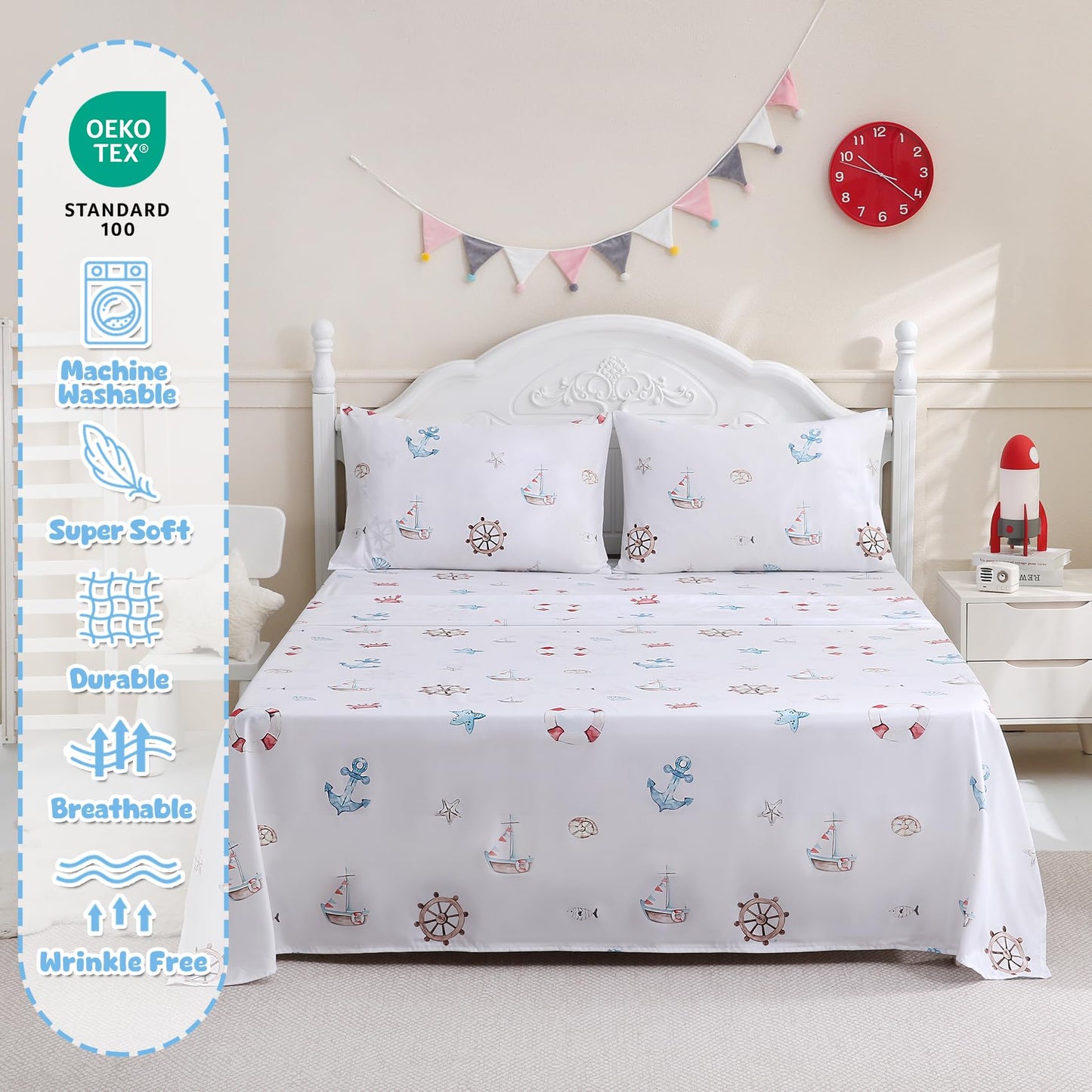 Ocharo Nautical Theme Kids Twin Sheets Set,Soft Microfiber Anchor and Rudder Bed Sheet for Teens - Deep Pockets Wrinkle Free,Blue Ocean Themed Bedding Sets for Boys Girls Toddlers