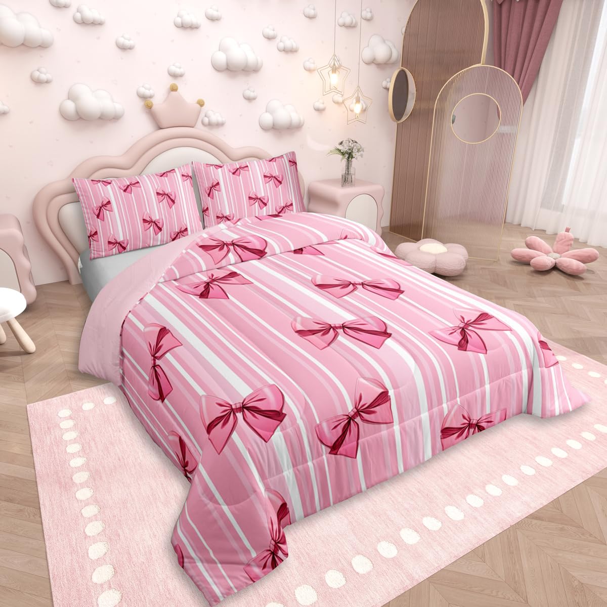 Erosebridal Pink Bowknot Bedding Set for Girls Bedroom, Dreamy Princess Full Size Comforter Set, Cute Bow Girly Down Comforter, Kawaii Stripes Quilt,Lightweight Bedroom Decor