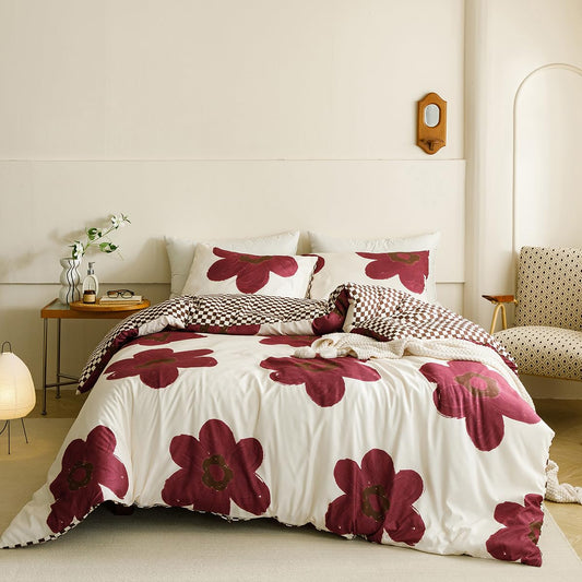 CLOTHKNOW Burgundy Sunflower Queen Comforter Set Floral Bedding Comforter Sets Brown Plaid Queen Comforter Soft All Season