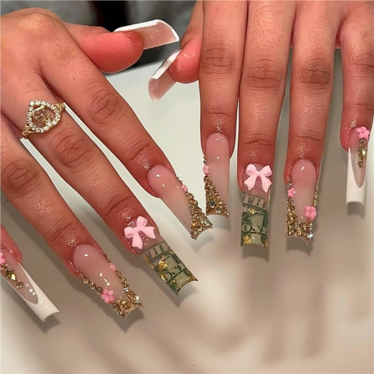 Long Press on Nails Square Fake Nails Extra Long Artificial Nail Rhinestones and Pink Bow Designs Stick on Nail for Women 24pcs