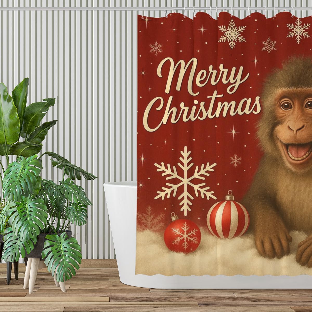 REZHOCH Christmas Funny Baboon Red Shower Curtain Durable Waterproof Fabric Bathtub Sets Cute Animal Holiday Decor Home Bathroom Winter Festival 72x72inch with 12 Hooks