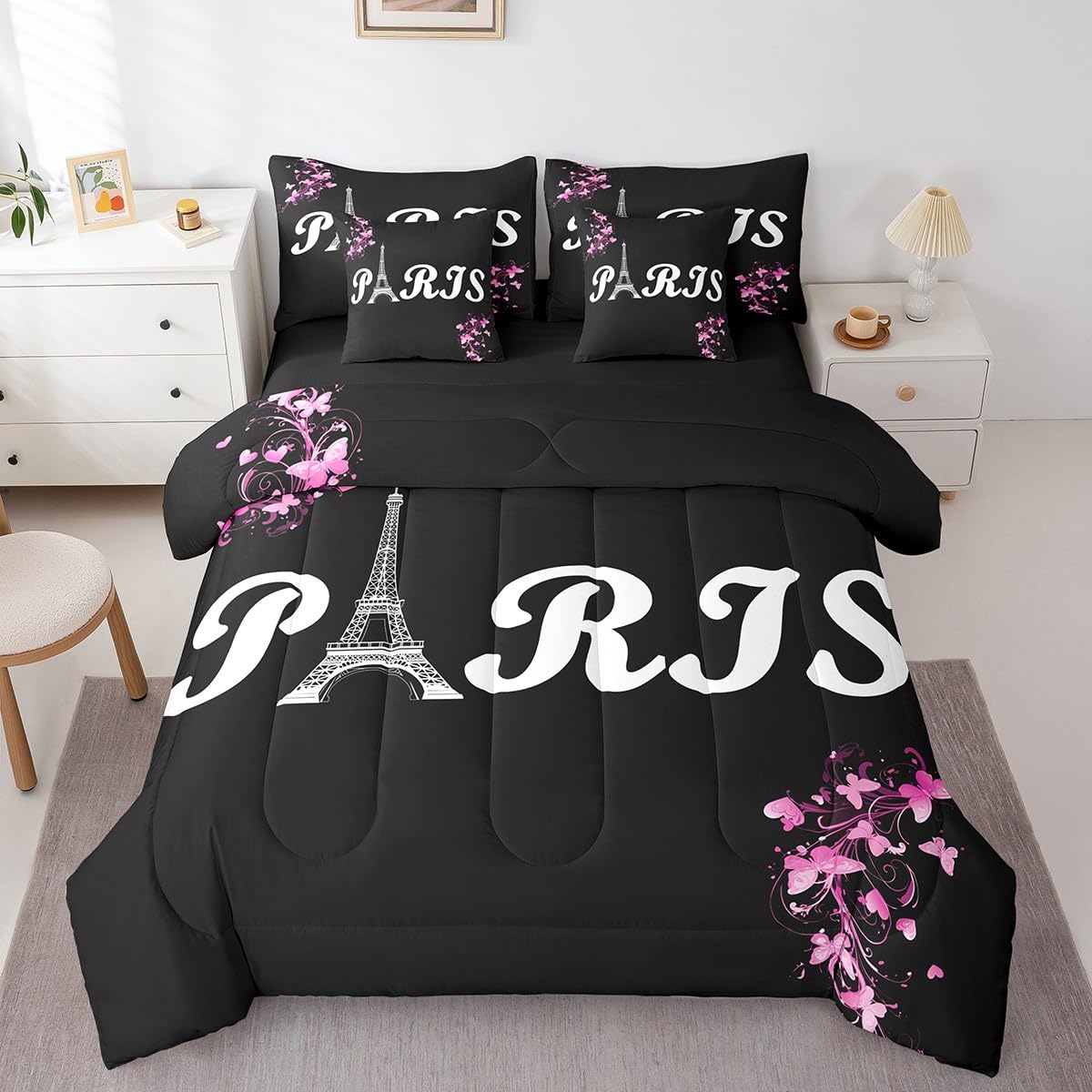 Erosebridal Paris Comforter Set 7 Piece Bed in a Bag Twin,Eiffel Tower of France Bedding Sets Romantic City Building Comforter and Sheet Set,Pink Flowers Bed Set