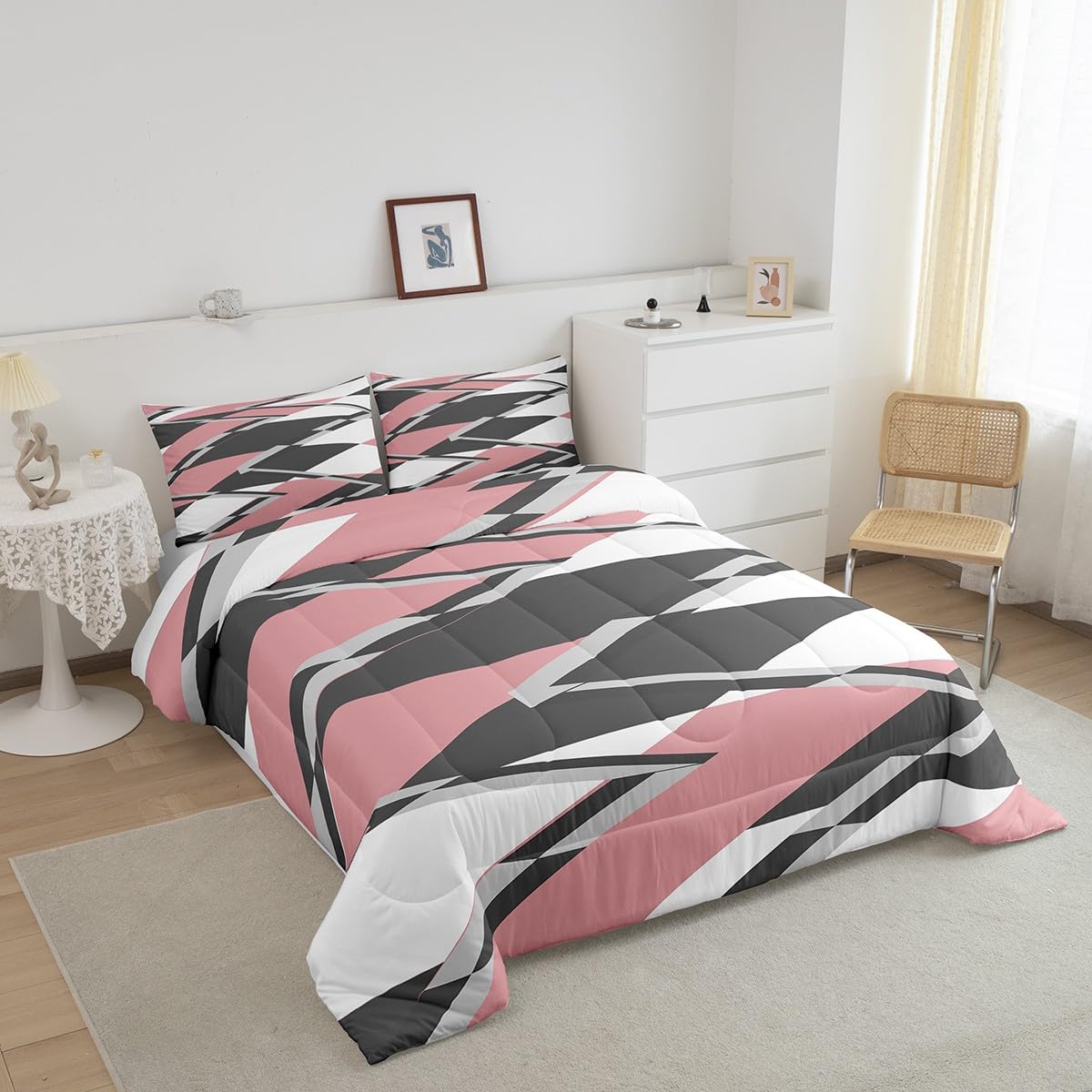 Feelyou Diamond Geometric Bedding Set Geometric Comforter Set for Kids Boys Girls Teens Decor Buffalo Check Pink Grey White Comforter Grid Plaid Modern Art Duvet Set Queen Size Quilt Set 3Pcs